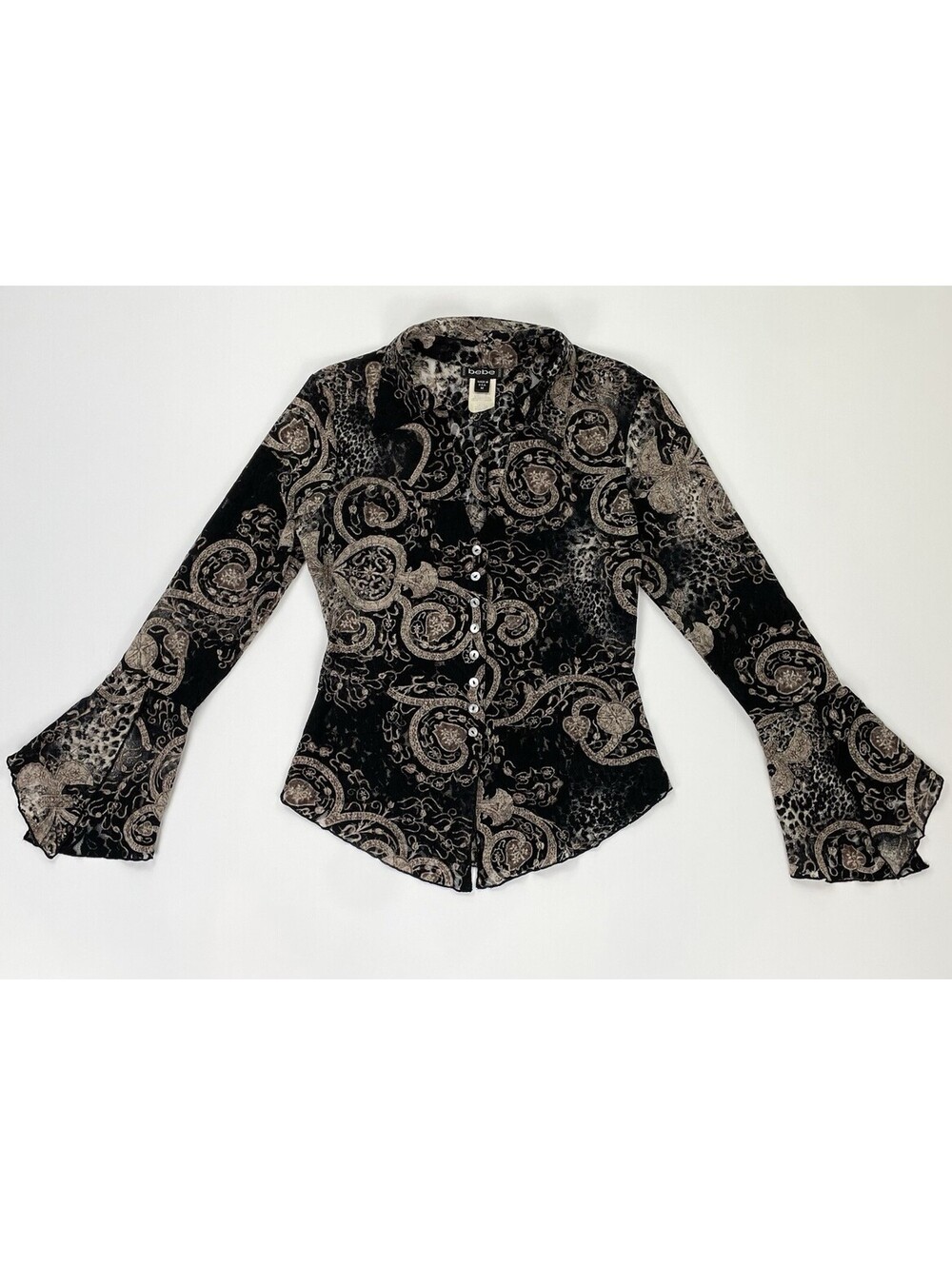 Vintage Y2K BeBe Sheer Lace Button Up Blouse Dramatic Bell Sleeve Whimsigoth m